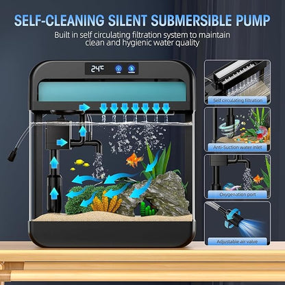 Fish Tank 2.2 Gallon,Small Fish Tanks Kits,Aquarium Fish Tank Starter Kit with 3-in-1 Silent Pump and 7 Color Led Light,with Temperature Display,for Fish,Shrimp,Betta(Black-2.2 Gallon)