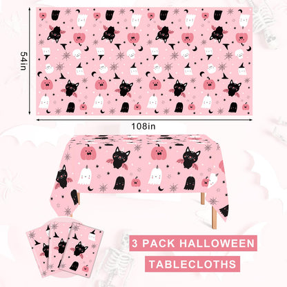 JarThenaAMCS 3Pcs Halloween Plastic Tablecloth Rectangle Pink Pumpkin Ghost Bat Table Cover Cute Disposable Table Cloth for Dinner Party Decor, 54 x 108 Inch