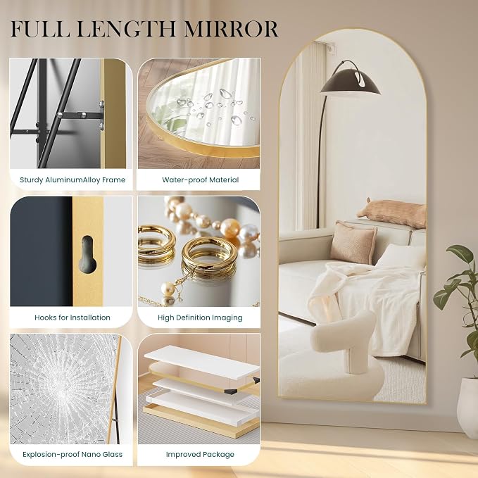 NEWBULIG Arched Mirror Full Length, 71"x26" Body Wall Mirrors with Shatter-Proof Glass, Upgraded Floor Standing Mirror, Hanging or Leaning, with Stand Aluminum Alloy Frame for Home Decor, Gold