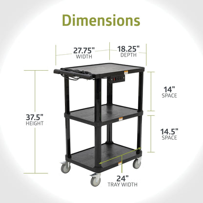 Pearington 3-Shelf Mobile Utility Cart with 3 Outlets and 8' Cord, Heavy-Duty Service Cart for Offices and Warehouses with 3 Shelves, Black, 2 Pack