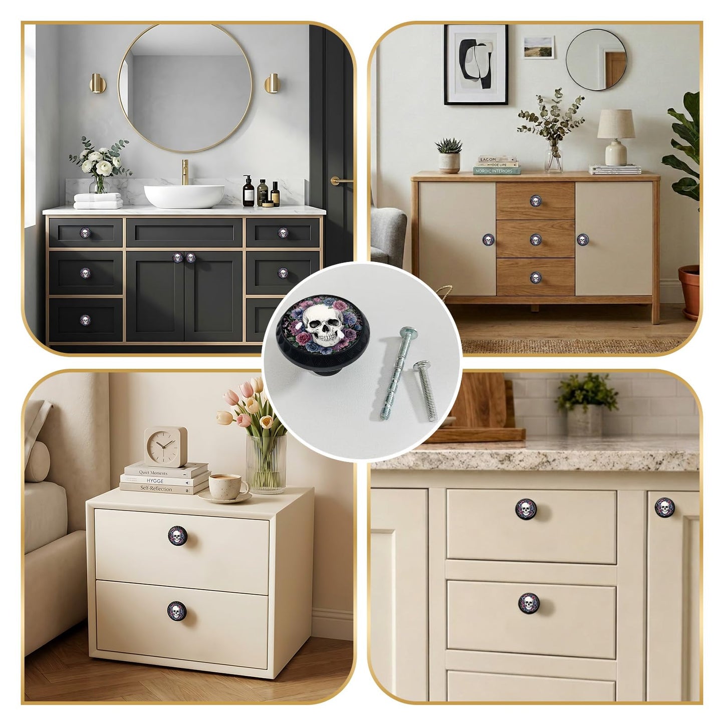 Yiruhe 4 Pack Gothic Floral Skull Cabinet Knobs Pulls, Acrylic Round Drawer Dresser Knob for Home Dresser Kitchen Wardrobe Cupboard Door Handles
