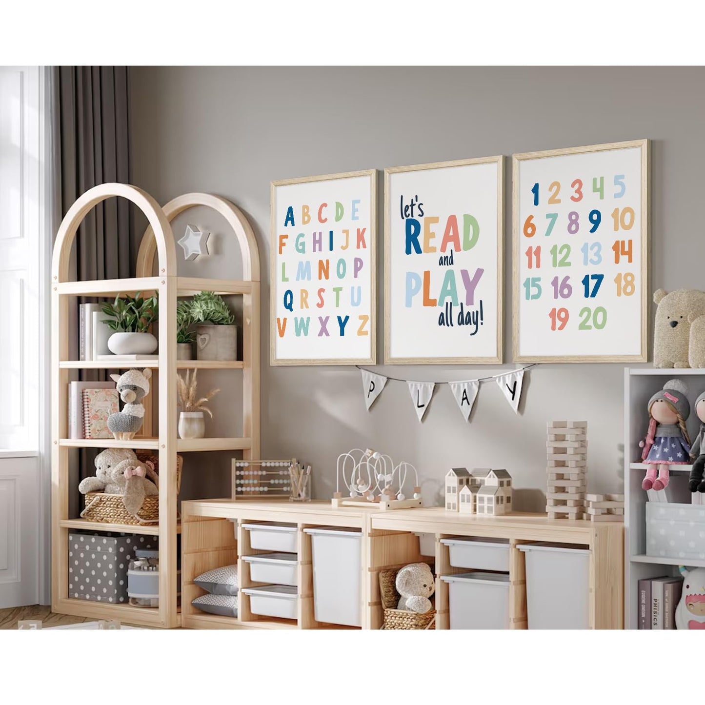Kids Playroom Wall Art Decor Alphabet Poster Play Room Canvas Wall Decor ABC Nursery Wall Art 123 Toddler Poster Let's Read for Boy Girl Room 12x16 Inch Wood Framed Set of 3