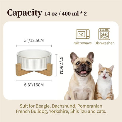 Elevated Ceramic Cat and Dog Double Bowl Set - 14 oz Lead-Free Feeder with Two Natural Bamboo Wood Stands (White Stripes)