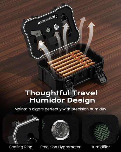 Cigar Humidor Set with 5-in-1 Cigar Lighter, V Cutter, Cigar Holder, Cigar Draw Enhancer, Humidifier&Hygrometer, Portable Travel Cigar Humidor Box, Cigar Accessories Cigar Case, Cigar Gifts for Men