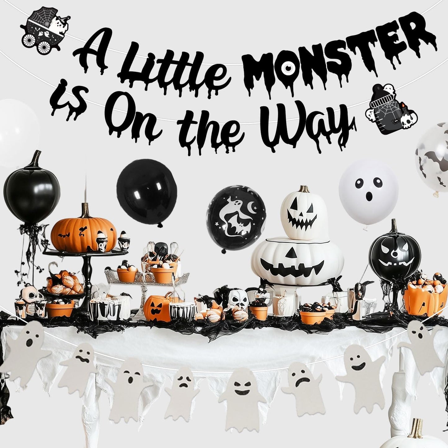 Halloween Gothic Baby Shower Decorations, A Little Monster is on the Way Banner Garland Ghost Bat Little Monster Cake and Cupcake Toppers Balloons Kit for Halloween a Baby Is Brewing Party Supplies