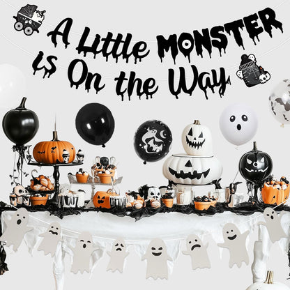 Halloween Gothic Baby Shower Decorations, A Little Monster is on the Way Banner Garland Ghost Bat Little Monster Cake and Cupcake Toppers Balloons Kit for Halloween a Baby Is Brewing Party Supplies