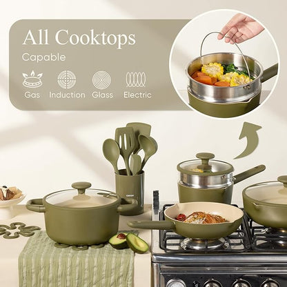 CAROTE 21pcs Cookware Set Nonstick Pots and Pans Set, Ceramic Cookware Set Induction Cookware, Non toxic Healthy Non Stick Kitchen Cooking Set, PFAS PTFE Free