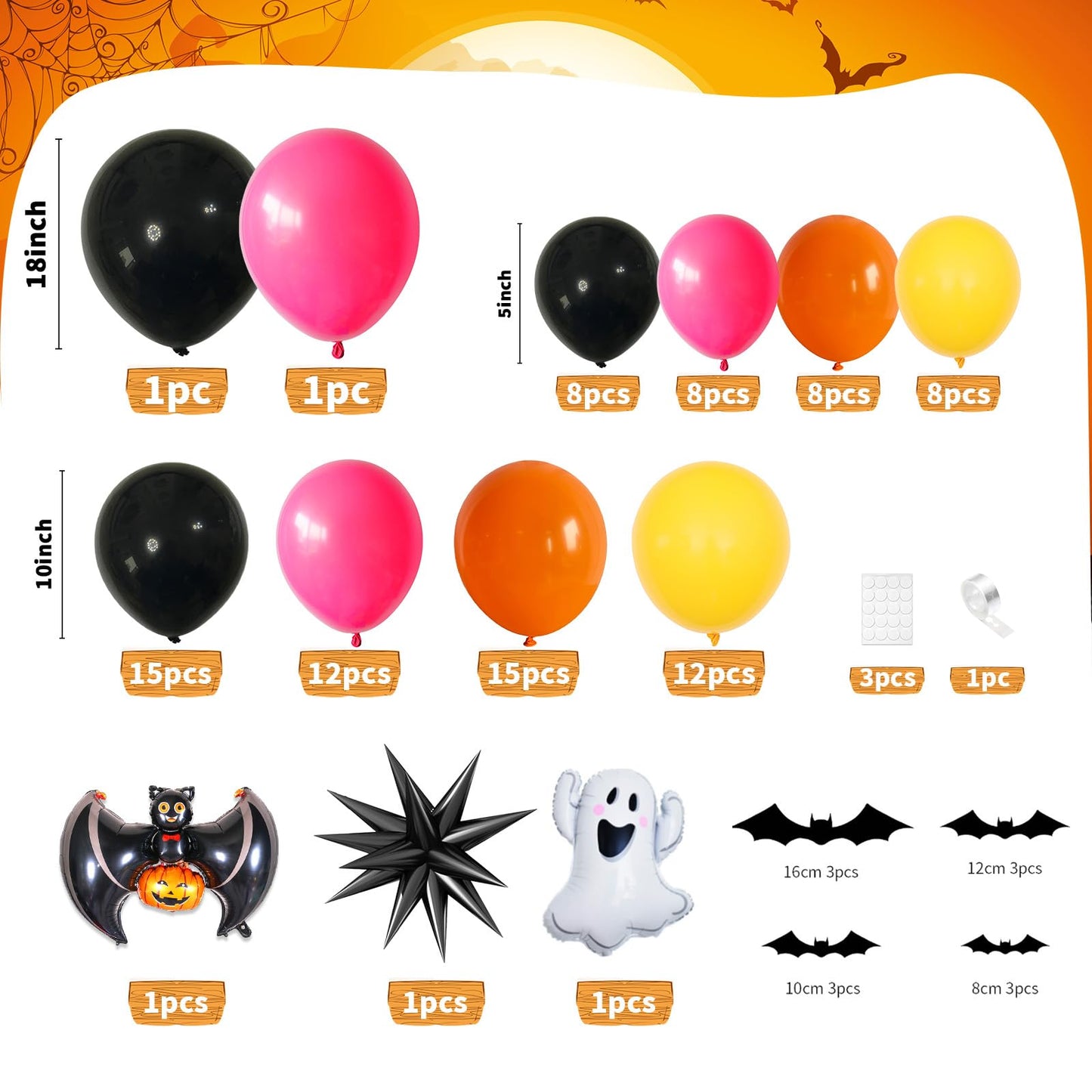 Halloween Balloon Arch Garland Kit, Halloween Party Decorations with Black Orange Hot Pink Yellow Latex Balloon Spider Ghost Foil Balloons Bat Sticker for Halloween's Baby Shower Ghost Party Supplies