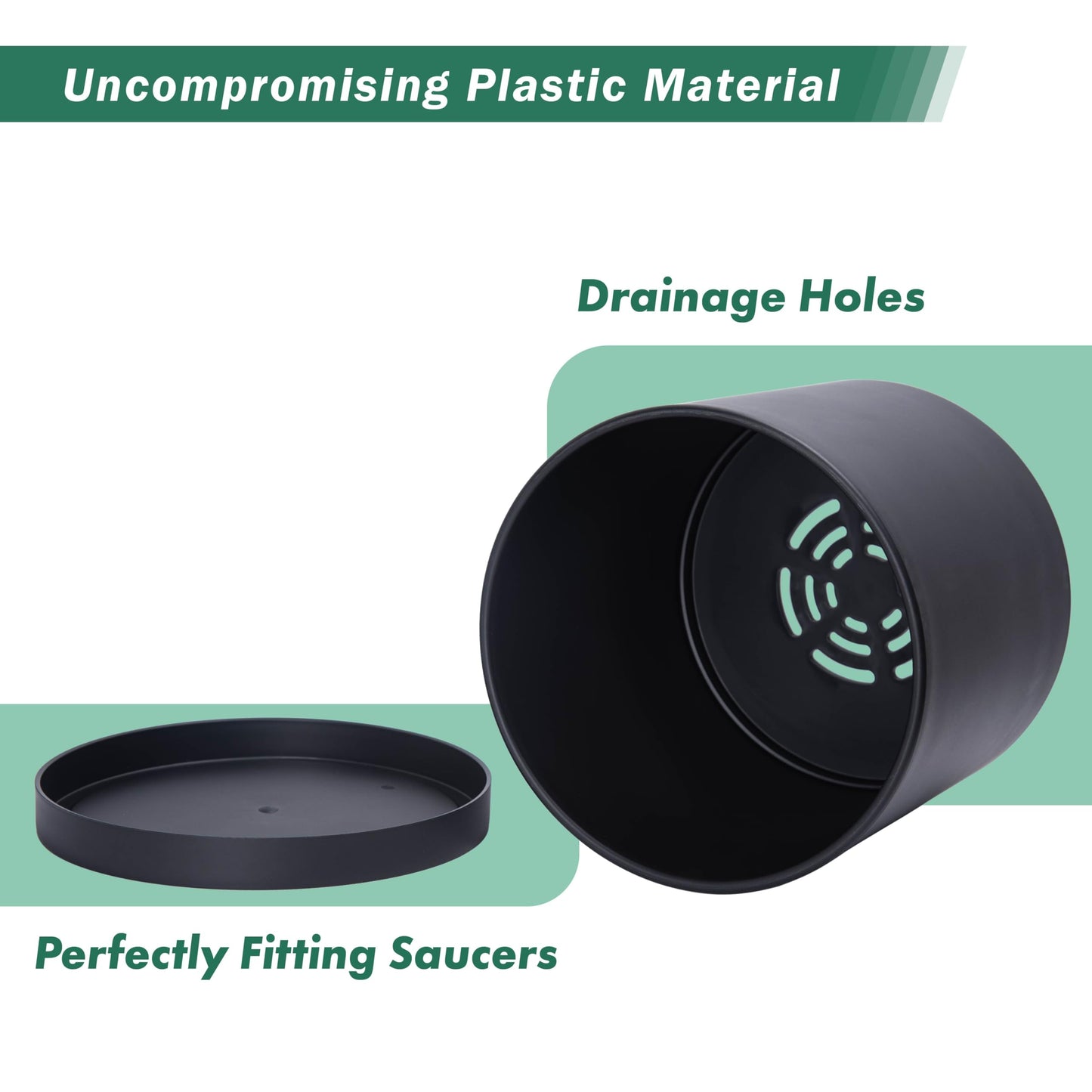 D'vine Dev 4 Pack 6 Inch Modern Plastic Plant Pots, Small Garden Planters for Plant with Drainage Holes and Saucers, Black Color, 74-Y-J-2