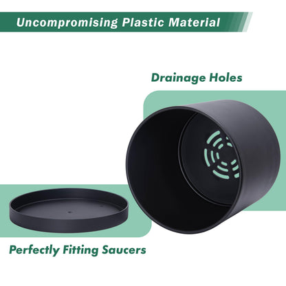 D'vine Dev 4 Pack 6 Inch Modern Plastic Plant Pots, Small Garden Planters for Plant with Drainage Holes and Saucers, Black Color, 74-Y-J-2