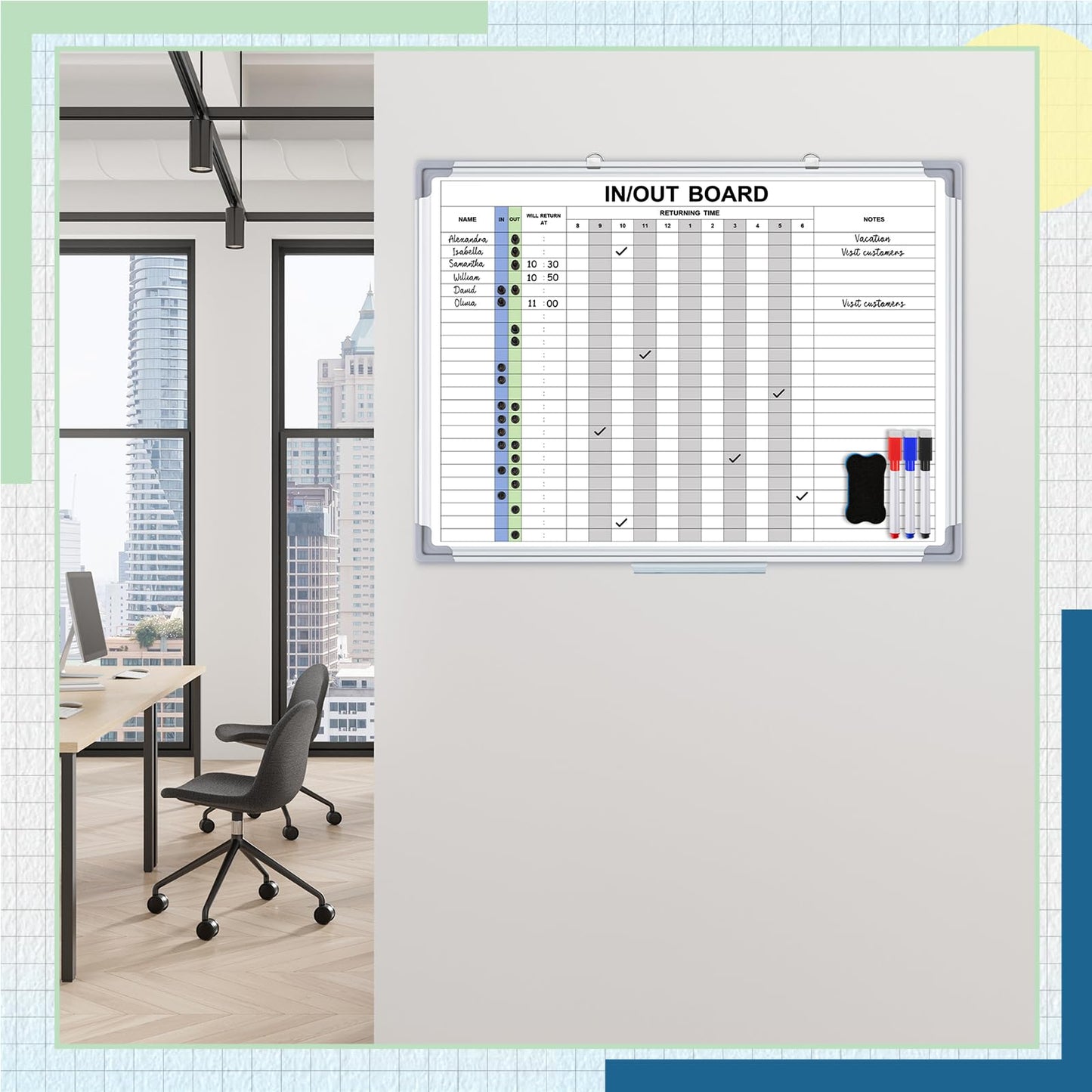 Lincia in and Out Magnetic Dry-Erase Board 18 x 24 Aluminum Framed White Board with Lines 24 Names with Magnetic Dry-Erase Marker, Eraser, and 26 Magnets Wall-Mounted for Office Employee