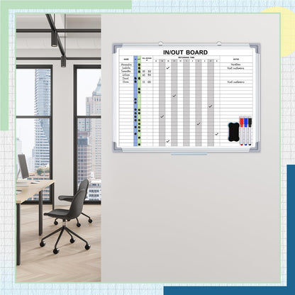 Lincia in and Out Magnetic Dry-Erase Board 18 x 24 Aluminum Framed White Board with Lines 24 Names with Magnetic Dry-Erase Marker, Eraser, and 26 Magnets Wall-Mounted for Office Employee