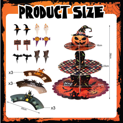 LemonRoad 3-Tier Halloween Cupcake Stand Pumpkin Stack Dessert Display Holder with 12 Haunted House Cup Cake Wrappers 12 Cake Toppers for Halloween Treat Birthday Table Decorations