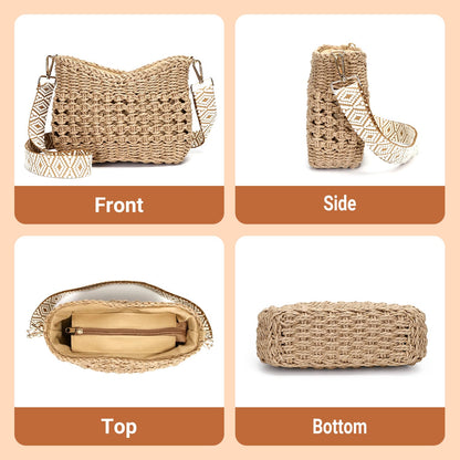 Herald Small Summer Crossbody Bags for Women, Beach Handmade Straw Woven Pocketbooks Handbag Shoulder Purse (Hollow Out Coffee)