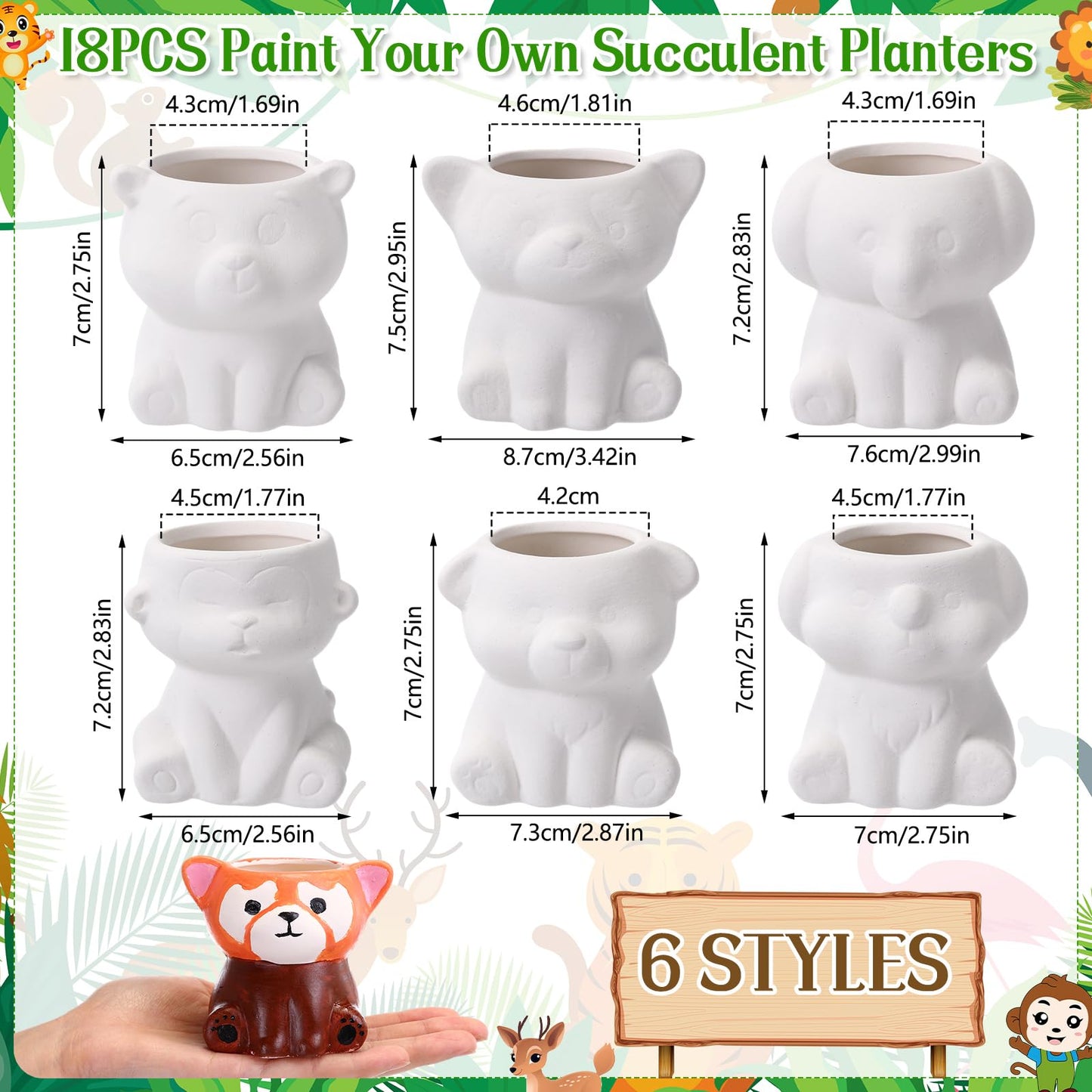 Leitee 18 Pcs Paint Your Own Ceramic Pot Bulk 2.95 in Spring Succulent Pots Ready to Paint Small Pot Mini Succulent Planters Pottery Painting for Spring Easter Mother's Day Craft(Cute Animals)