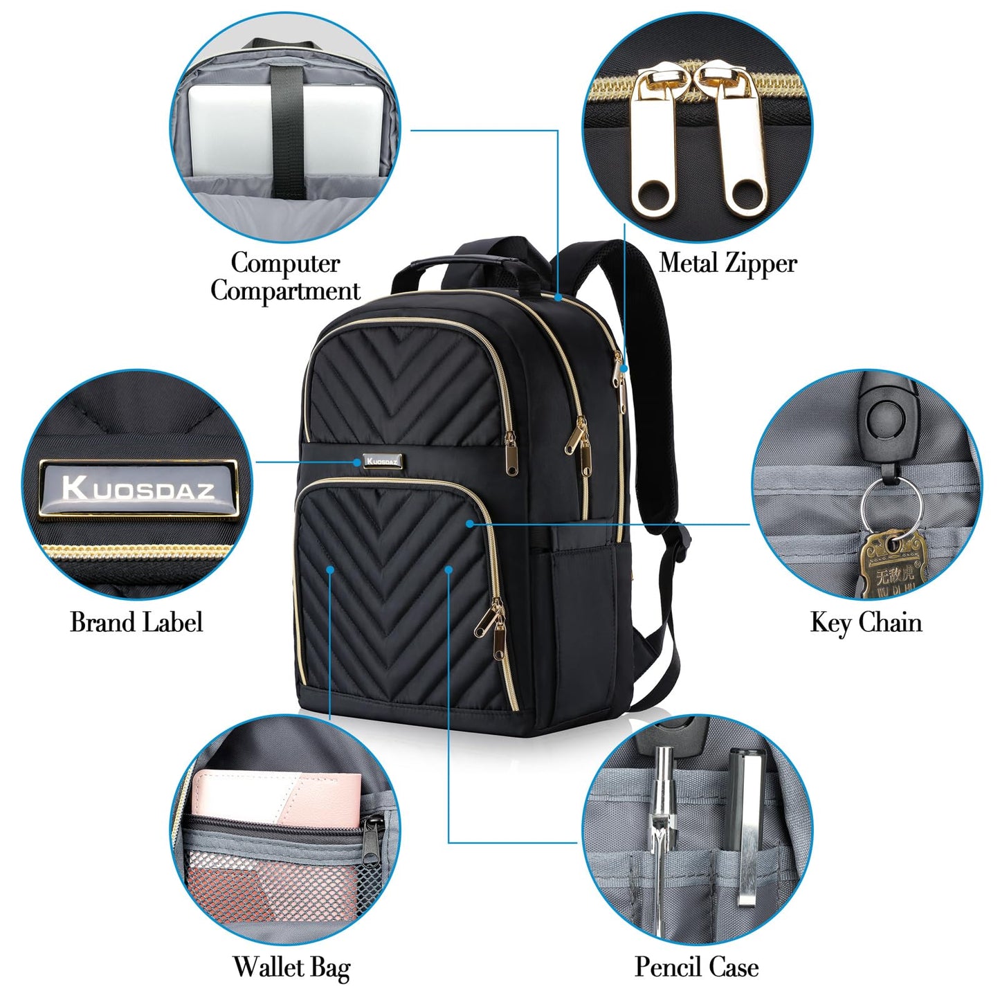 Kuosdaz Laptop Backpack for Women, School Backpack for Teen Girls, 15.6 Inch Quilted Work Backpack Purse, Large Anti-theft Bookbag for Students, Casual Daypacks for Women,Black