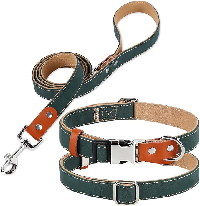 Dog Collar and Leash Set, PU Leather Dog Collar – Adjustable Eco-Friendly with Genuine Leather & Hemp, Soft Breathable Dog Collar Set for Small to Large Dogs (Green, L（15“-21”）)