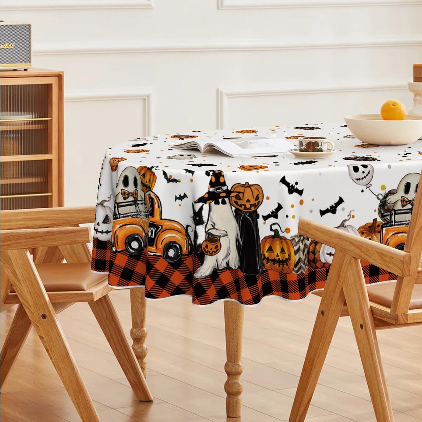 Horaldaily Halloween Tablecloth 60×84 Inch Oval, Buffalo Plaid Jack-O-Lantern Pumpkin Bats Ghost Truck Washable Table Cover for Party Picnic Dinner Decor
