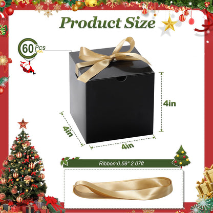 DOYIDE Small Gift Boxes, 60 Pcs 4x4x4 Inch Black Elegant Paper Box with Ribbons, Party Favor Boxes for Candy Cupcake Christmas Wedding Baby Shower Bridesmaids Birthday