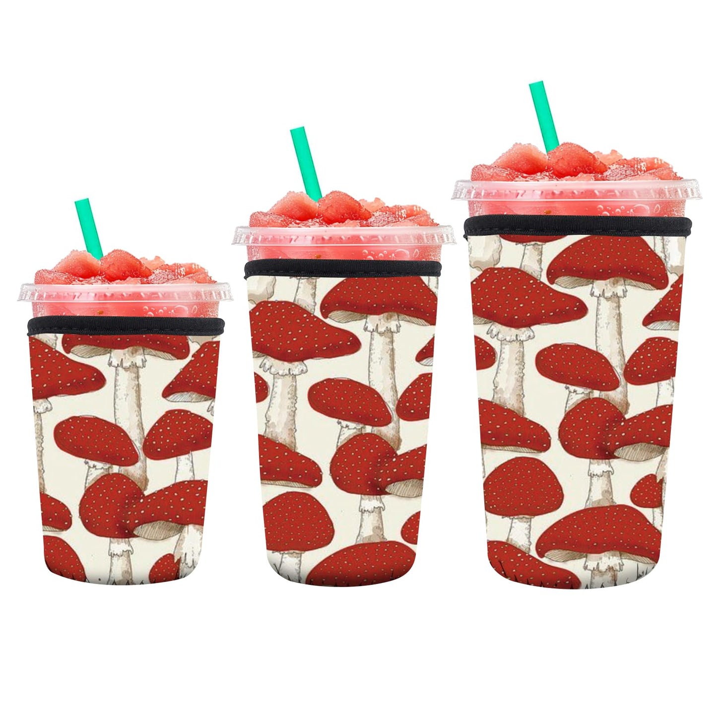 DAORJWL 3 Pack Reusable Insulated Neoprene Sleeve for Iced & Hot Drinks, Cute Durable Iced Coffee Cup Sleeve, Beverage Holder for Iced Coffee Cute Red Mushroom