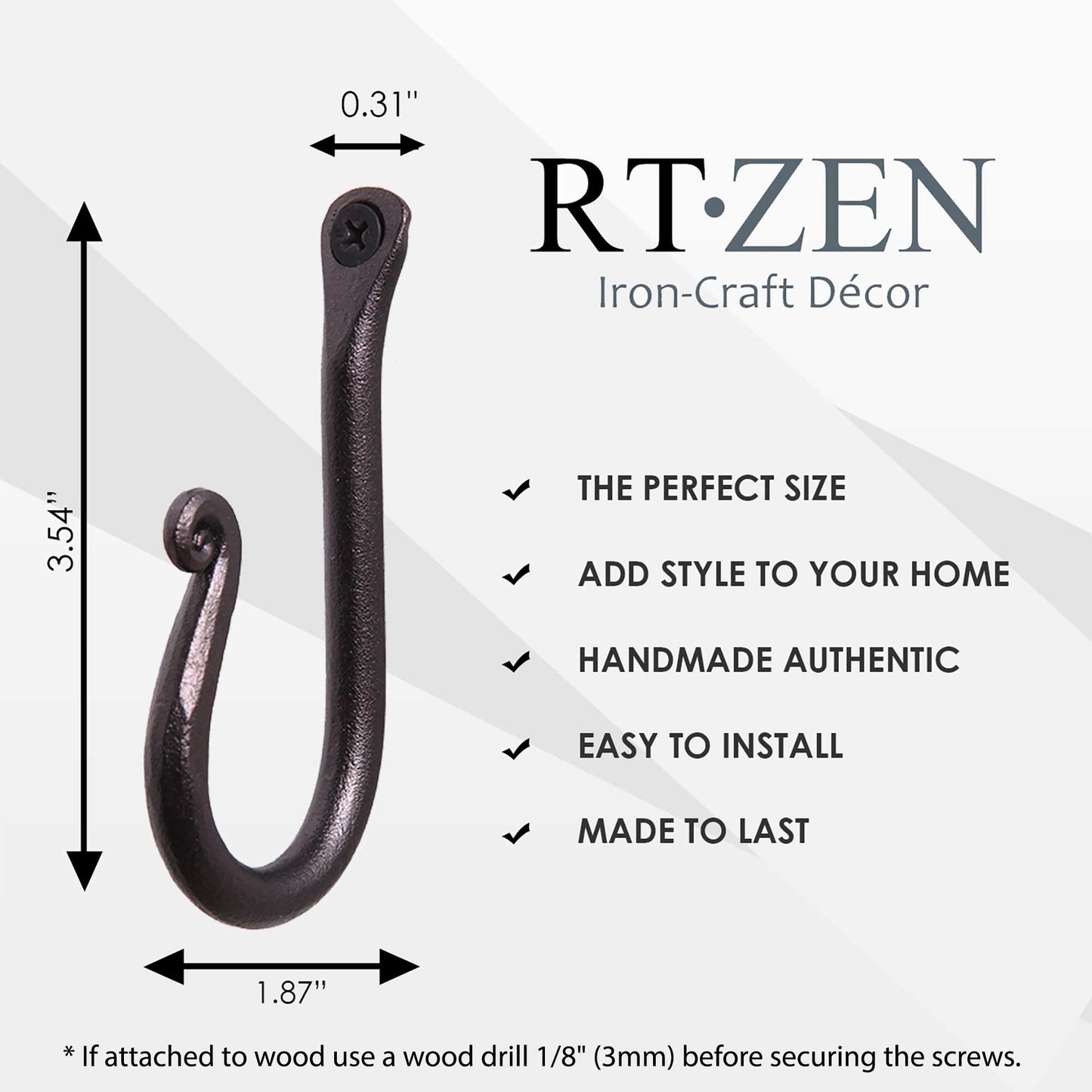 RTZEN Wall Mount Hook Set - Wrought Iron Decorative Rustic Metal Coat Hooks for Hanging - Handcrafted Classic Farmhouse Wall Mounted Black Hooks for Towel Robe or Hat Hanging - 3 Pack