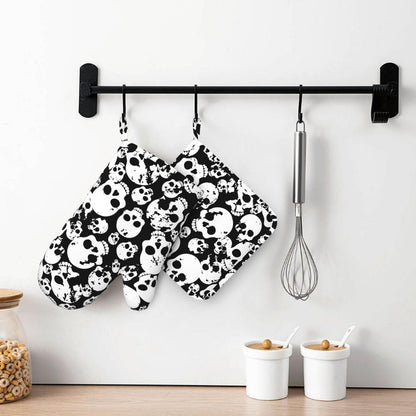 Skull Black And White Oven Mitts And Pot Holders Set Of 2 Silicone Heat Resistant Oven Mitten Potholders Non Slip Gloves Kitchen Decor For Bbq Cooking Grilling Baking
