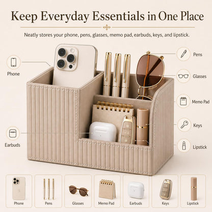 KINGFOM Desk Pen Organizer Office Supplies Caddy Pu Leather Multi-function Storage Box Pen/Pencil,Cell phone, Business Name Cards Remote Control Holder (Mocha Beige)