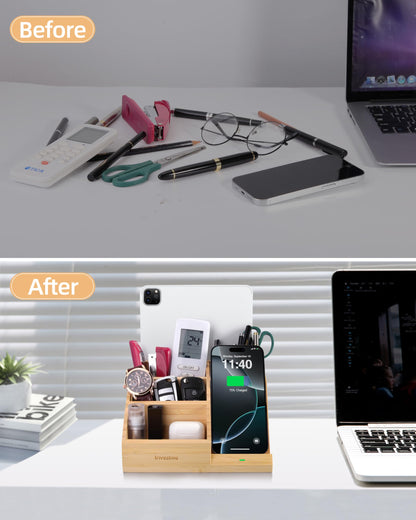 Bamboo Pen Holder with Wireless Charger, Desk Organizer with 5 Compartments for Home Office Supplies Compatible with iPhone & Samsung Series
