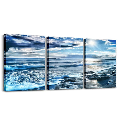 Canvas Wall Art Set of 3 for Living Room Bedroom, Blue Beach Paintings Wall Decor Ocean Sea Wave Print Wall Art Ocean Scenery Poster Prints for Bathroom Home Decor,Rustic Farmhouse Artwork Decor