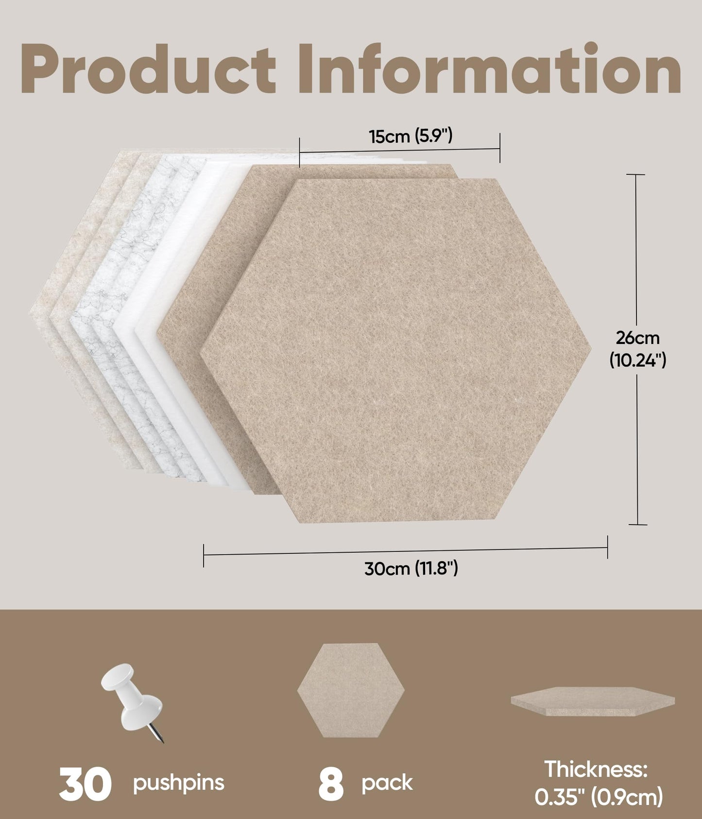 Toptople 12 Inch Large Hexagon Cork Board for Walls, 8 Pack Felt Bulletin Board Tiles, Pin Board with Push Pins for Office Photo and Note, Linen Beige