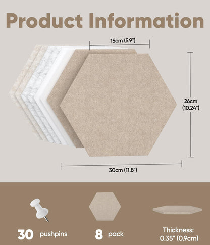 Toptople 12 Inch Large Hexagon Cork Board for Walls, 8 Pack Felt Bulletin Board Tiles, Pin Board with Push Pins for Office Photo and Note, Linen Beige