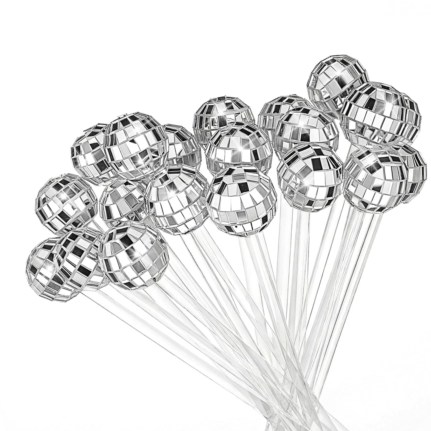 72 Pcs Disco Balls Cocktail Stirrers, Plastic Round Top Swizzle Sticks Mirror Disco Ball Stir Sticks Decorative Straws Drink Stirrers for 70s 80s Theme Party, Home Bar, Coffee Shop, Wedding (Silver)