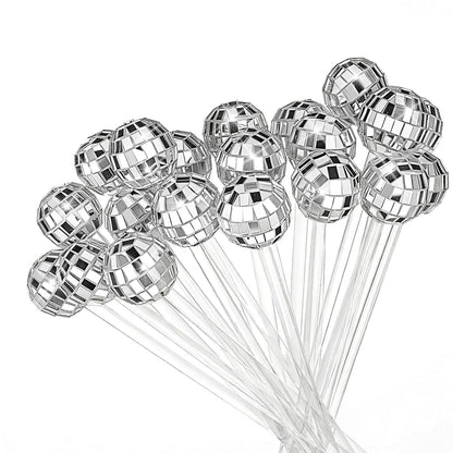 72 Pcs Disco Balls Cocktail Stirrers, Plastic Round Top Swizzle Sticks Mirror Disco Ball Stir Sticks Decorative Straws Drink Stirrers for 70s 80s Theme Party, Home Bar, Coffee Shop, Wedding (Silver)