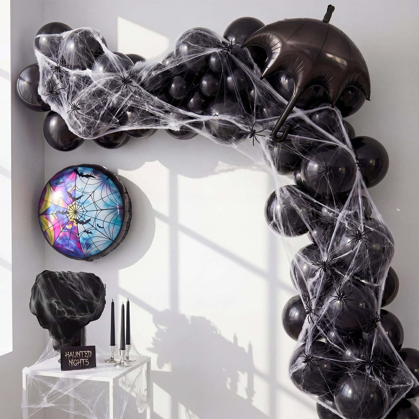 Gejoy 113 Pcs Halloween Balloon Garland Arch Kit with Spider Web and Spiders Spooky Halloween Party Decorations Black Latex Balloons Set Scary Birthday Backdrop for Haunted House Horror Party Supplies