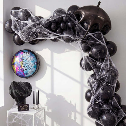 Gejoy 113 Pcs Halloween Balloon Garland Arch Kit with Spider Web and Spiders Spooky Halloween Party Decorations Black Latex Balloons Set Scary Birthday Backdrop for Haunted House Horror Party Supplies