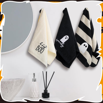 SmoothNovelty 3 Pcs Halloween Ghost Hand Towels for Bathroom Cotton Embroidered Rodeo Kitchen Towels 13.3" x 29.5" Rustic Gifts for Bath Shower Farmhouse Decors Housewarming Gift(Black)