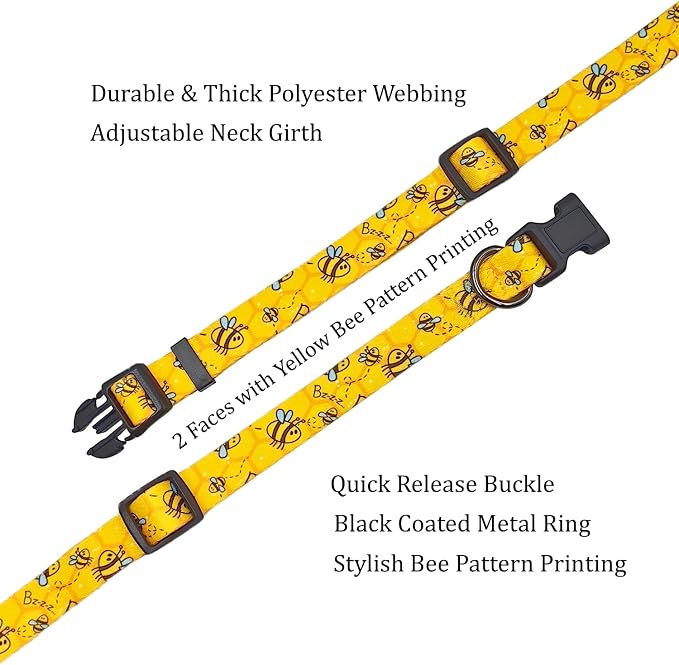 Dog Collar Leash Set, Busy Bee Pattern, 5ft Matching Leash, Polyester Material, 4 for Small Medium Large Dogs.(L, Bee)