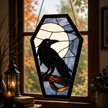 Bieye W12001 Gothic Raven Stained Glass Window Panel, Tiffany Style Hanging Suncatcher for Halloween Decor (Dark Blue, 16" H Coffin-shaped)