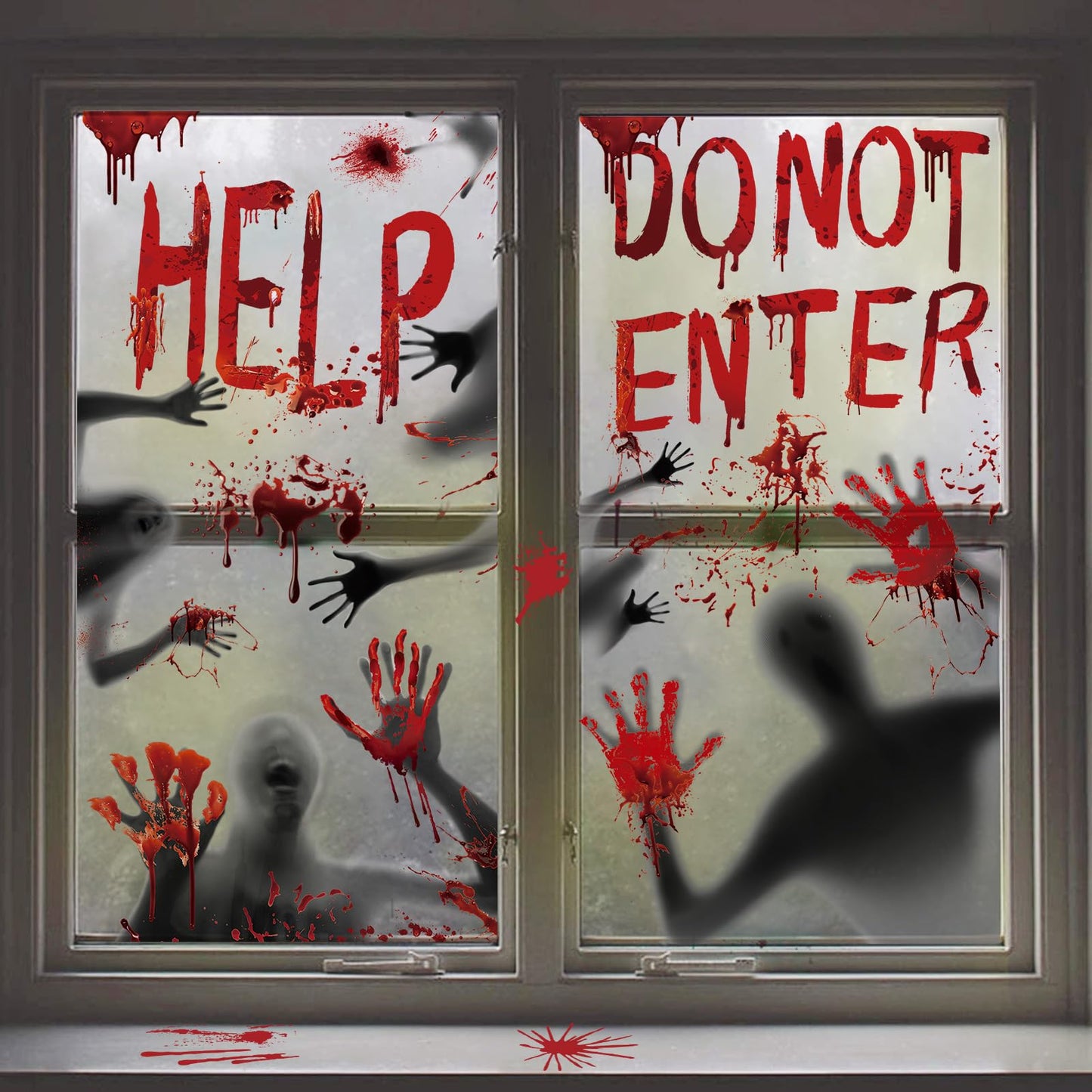Bloody Halloween Decorations Door Cover Window Posters, Includes 1PCS Halloween Door Cover 2 PCS Halloween Window Posters and 3 Sheet Bloody Footprints Floor Clings for Halloween Decor