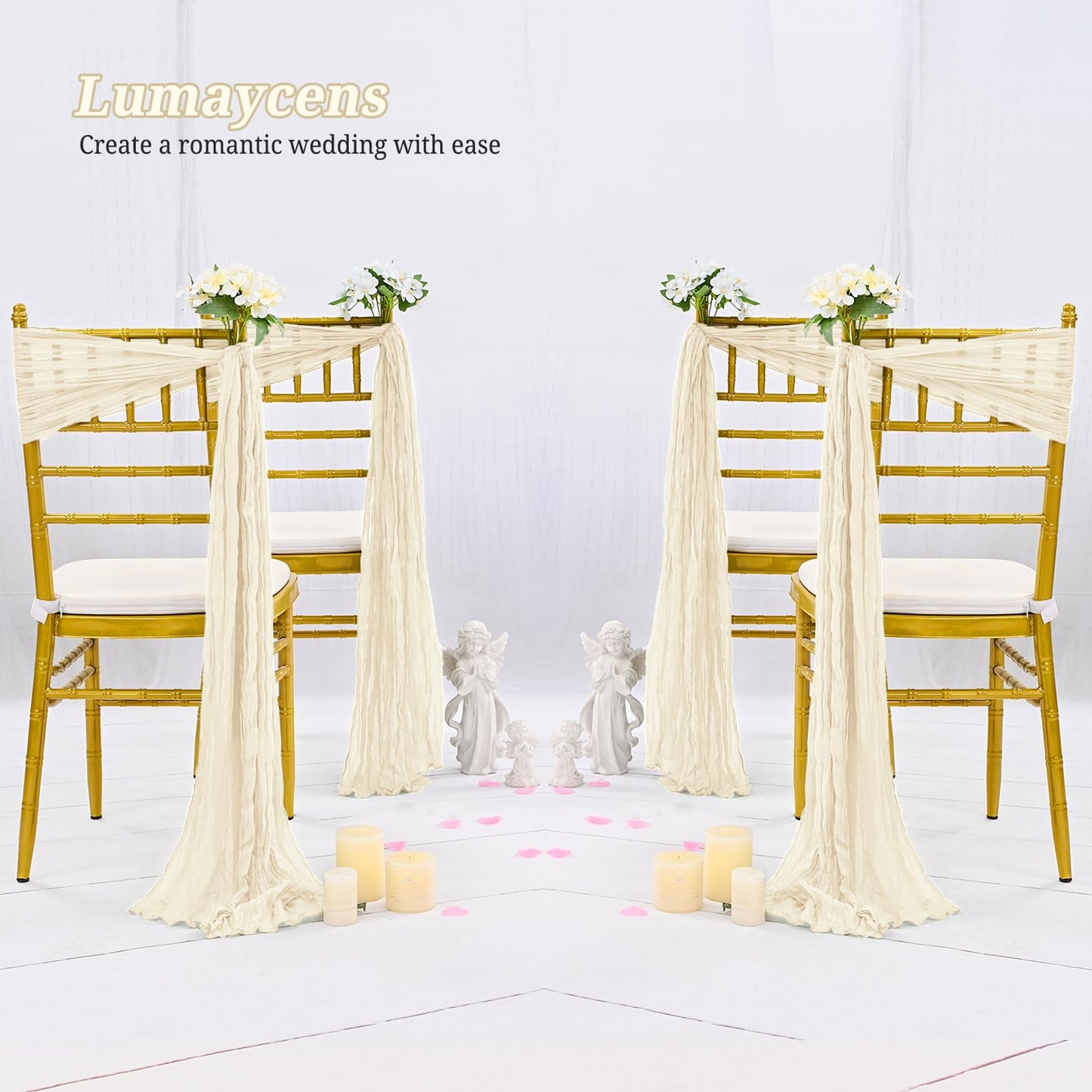 50 PCS Cheesecloth Chair Sashes Bows Wedding Aisle Decorations Chair Ribbon Ties Back Sash for Wedding Party Events Banquet Chair Cover Decoration (Ivory)