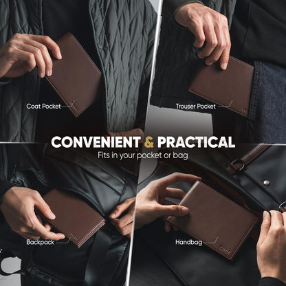 VULKIT Bilfold Passport Holder Leather RFID Blocking Passport Wallet with Hidden Pocket Slim Travel Documents Organizer for Men or Women (Passport, Card, Cash, Coin, SIM Card, Ticket)