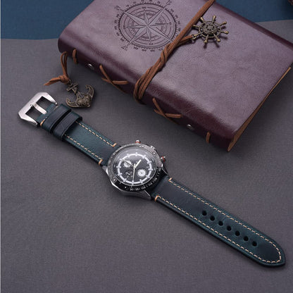 EACHE 26mm Leather Watch Bands Thick Imported Oil Waxed Leather Watch Straps Blue With Silver Buckle
