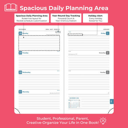 IN-LUXPRO Planner 2026-2027 Daily Weekly and Monthly,6.5"x3.75",18 Months Spiral Bound Calendar Agenda with Self-adhesive Pen Holder,2026 Academic Plan with Vegan Leather Soft Cover,Rose Red