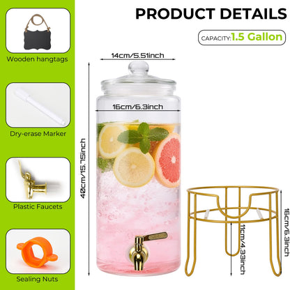 Glass Drink Dispensers For Parties, 1.5 Gallon Beverage Dispenser With Glass Airtight Lids, Gold Metal Stand And Stainless Steel Spigot. Lemonade & Juice Dispenser With Chalk board-One Pack