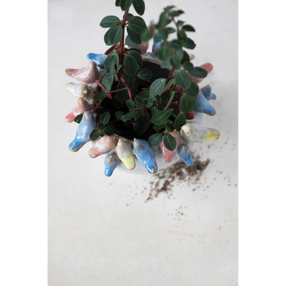 Creative Co-Op Stoneware Planter with Birds on Rim, Reactive Glaze