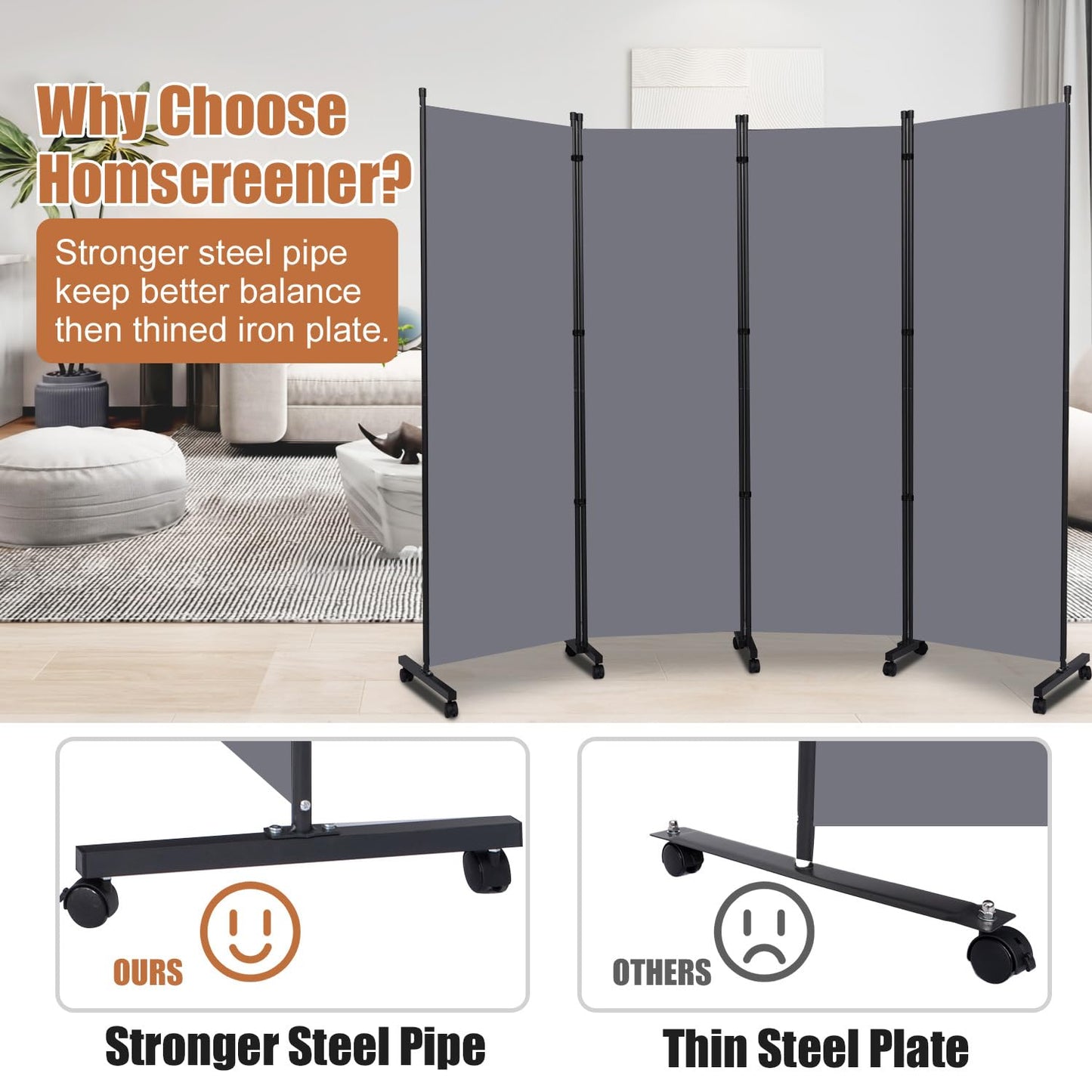 Room Divider Portable 88'' Partition Room Dividers and Folding Privacy Screens 4 Panel Wall Divider for Room Separation，Freestanding Fabric Room Divider Panel with Wheels for Home Office Hospital