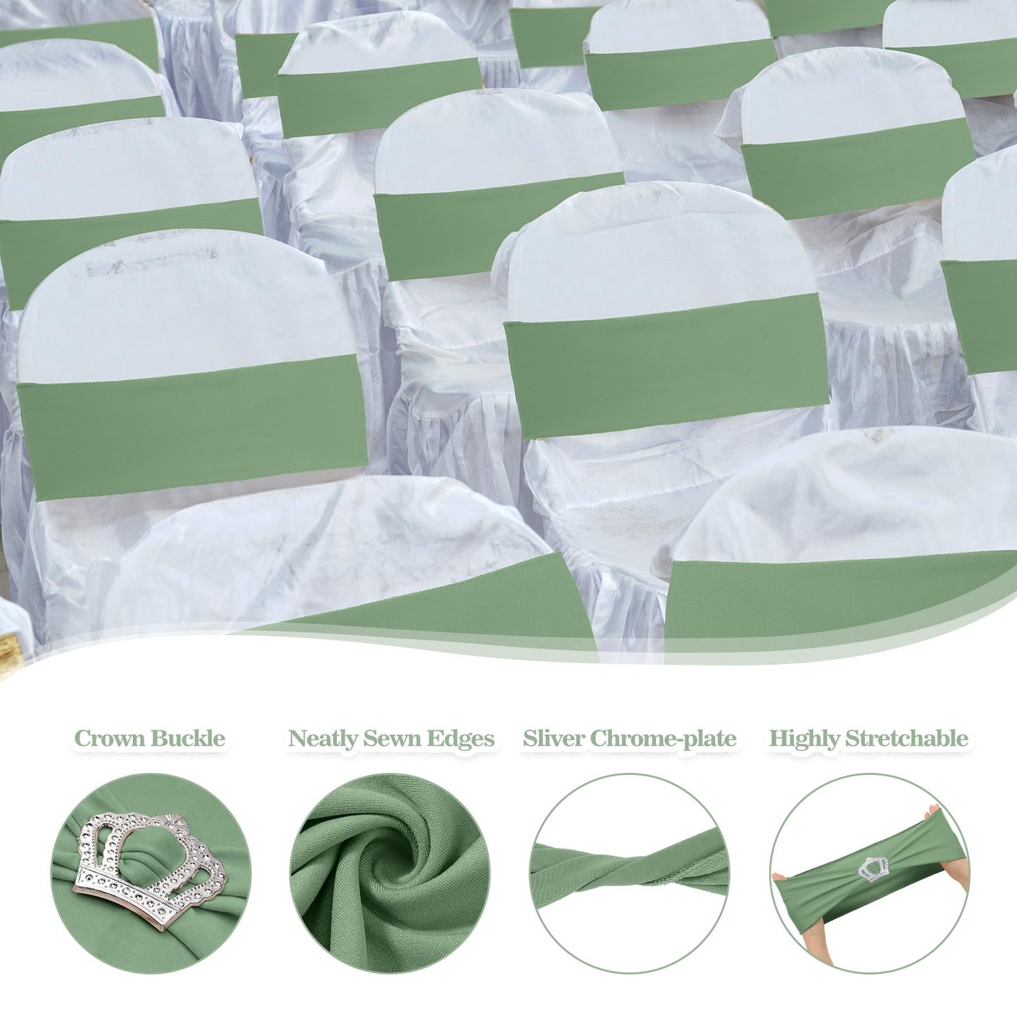 VitalCozy 50 Pcs Stretch Chair Sashes with Crown Chair Sashes with Buckle Slider Wedding Elastic Cover for Party Bridal Baby Shower Ceremony Reception Banquet(Sage Green)