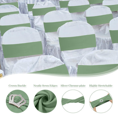 VitalCozy 50 Pcs Stretch Chair Sashes with Crown Chair Sashes with Buckle Slider Wedding Elastic Cover for Party Bridal Baby Shower Ceremony Reception Banquet(Sage Green)
