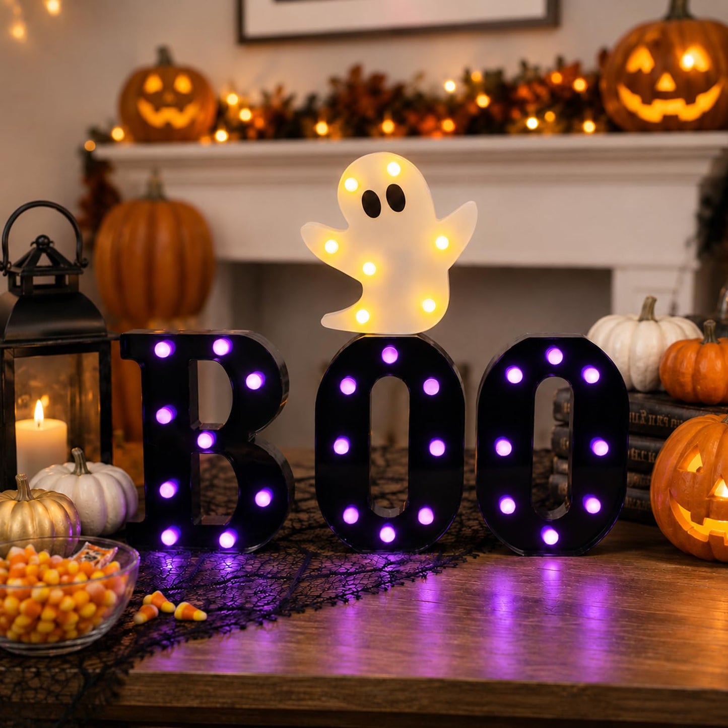 InnovTools Autumn Halloween Decorations BOO Marquee Letters with Ghost Light Purple LED Light Up Sign Spooky Table Centerpiece Wall Decor for Halloween Home Room Indoor Party Battery Operated Signs