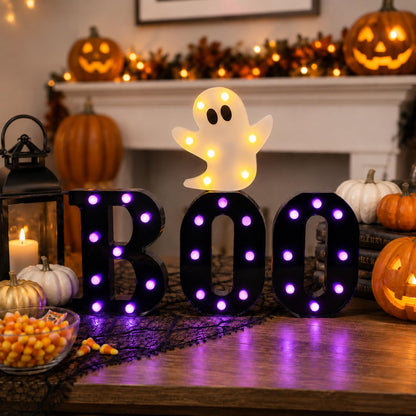 InnovTools Autumn Halloween Decorations BOO Marquee Letters with Ghost Light Purple LED Light Up Sign Spooky Table Centerpiece Wall Decor for Halloween Home Room Indoor Party Battery Operated Signs